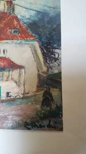 Rote Reiter Malergruppe Rudolf Hirschi 1917 Stuttgart – 2001 Industrie/ Landgasthof/  bewegtes Landleben Ölgemälde signiert