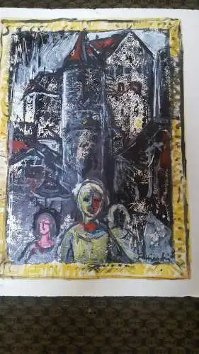 Rote Reiter Malergruppe Rudolf Hirschi 1917 Stuttgart – 2001 Menschengruppe vor einer Burganlage am Spätnachmittag Ölgemälde signiert