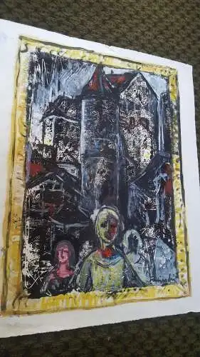 Rote Reiter Malergruppe Rudolf Hirschi 1917 Stuttgart – 2001 Menschengruppe vor einer Burganlage am Spätnachmittag Ölgemälde signiert