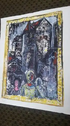 Rote Reiter Malergruppe Rudolf Hirschi 1917 Stuttgart – 2001 Menschengruppe vor einer Burganlage am Spätnachmittag Ölgemälde signiert