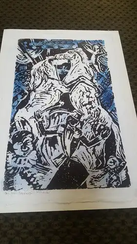 Rote Reiter Malergruppe Rudolf Hirschi 1917 Stuttgart – 2001 Hengste kämpfend / Hengste im Zirkus Gruppe Stein Handabzug Studie für Gemälde