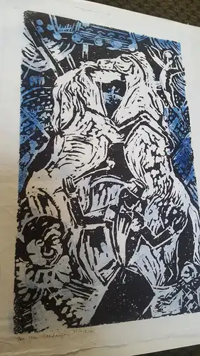 Rote Reiter Malergruppe Rudolf Hirschi 1917 Stuttgart – 2001 Hengste kämpfend / Hengste im Zirkus Gruppe Stein Handabzug Studie für Gemälde