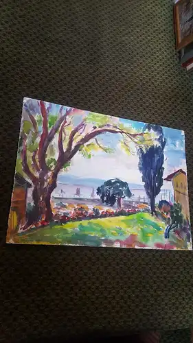 Rote Reiter Malergruppe Rudolf Hirschi 1917 Stuttgart – 2001  Gardasee Ansicht mit Segelboote dat.1951 u. sig buntes Aquarell Studien für Gemälde links signiert