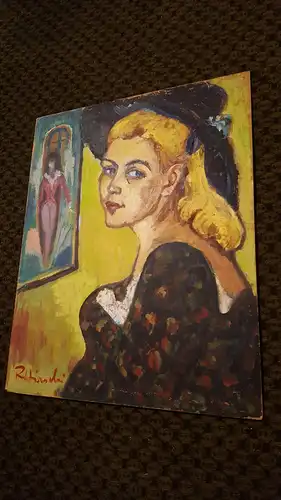Rote Reiter Malergruppe Rudolf Hirschi 1917 Stuttgart – 2001 Blondes Modell mit Hut Ölgemälde links signiert