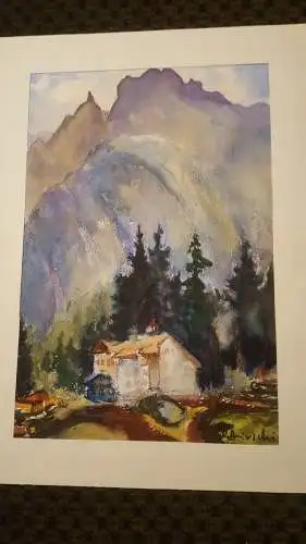 Rote Reiter Malergruppe Rudolf Hirschi 1917  -2001 Italien Architektur im Hintergrund BergmassivAquarell  rechts signiert