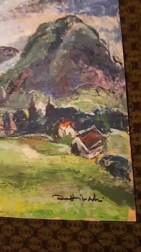 Rote Reiter Malergruppe Rudolf Hirschi 1917  -2001 Dorfansicht in den Dolomiten Hintergrund Bergmassiv Gemälde rechts signiert