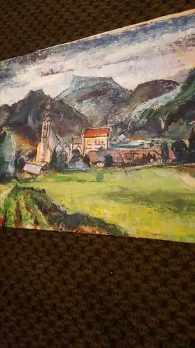 Rote Reiter Malergruppe Rudolf Hirschi 1917  -2001 Dorfansicht in den Dolomiten Hintergrund Bergmassiv Gemälde rechts signiert