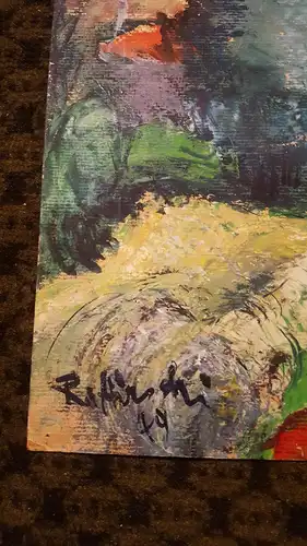 Rote Reiter Malergruppe Rudolf Hirschi 1917  -2001 Dorfansicht in den Dolomiten Hintergrund Bergmassiv Gemälde rechts signiert