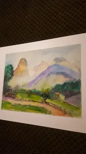 Rote Reiter Malergruppe Rudolf Hirschi 1917  -2001 Dorfansicht in den Dolomiten Hintergrund Bergmassiv Aquarell links signiert datiert 1949