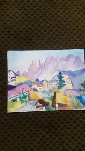 Rote Reiter Rudolf Hirschi 1917- 2001  Tiers idyllische  Dorfansicht von Tiers am Rosengarten   Aquarell links signiert um 1950 gemalt