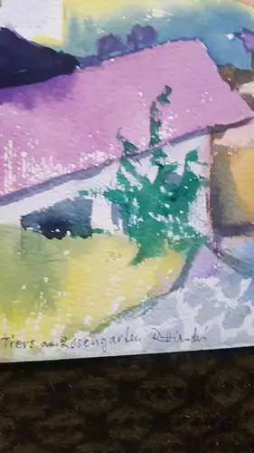 Rote Reiter Rudolf Hirschi 1917- 2001  Tiers idyllische  Dorfansicht von Tiers am Rosengarten   Aquarell links signiert um 1950 gemalt