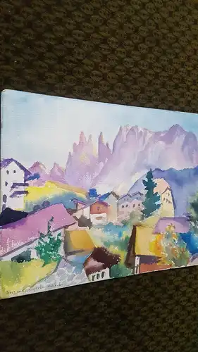 Rote Reiter Rudolf Hirschi 1917- 2001  Tiers idyllische  Dorfansicht von Tiers am Rosengarten   Aquarell links signiert um 1950 gemalt