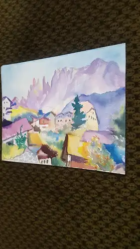 Rote Reiter Rudolf Hirschi 1917- 2001  Tiers idyllische  Dorfansicht von Tiers am Rosengarten   Aquarell links signiert um 1950 gemalt