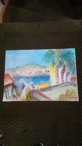 Rote Reiter Rudolf Hirschi  1917- 2001  Bonofacio auf Korsika  idyllische  Dorfansicht  Pastellkreide Aquarell Mischtechnik rechts signiert um 1950 gemalt