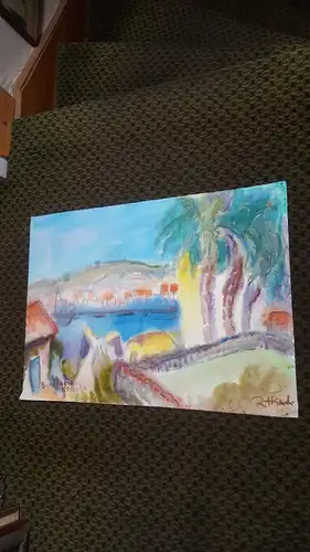 Rote Reiter Rudolf Hirschi  1917- 2001  Bonofacio auf Korsika  idyllische  Dorfansicht  Pastellkreide Aquarell Mischtechnik rechts signiert um 1950 gemalt