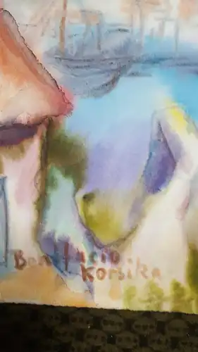 Rote Reiter Rudolf Hirschi  1917- 2001  Bonofacio auf Korsika  idyllische  Dorfansicht  Pastellkreide Aquarell Mischtechnik rechts signiert um 1950 gemalt