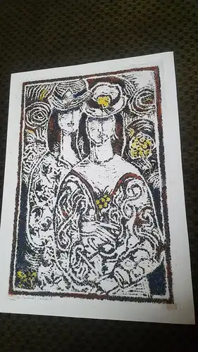 Rote Reiter Malergruppe Rudolf Hirschi 1917 Stuttgart – 2001 Zwei Damen der Gesellschaft im Sommerkleid mit Hut  Stein Handabzug Hand koloriert Studie für Gemälde