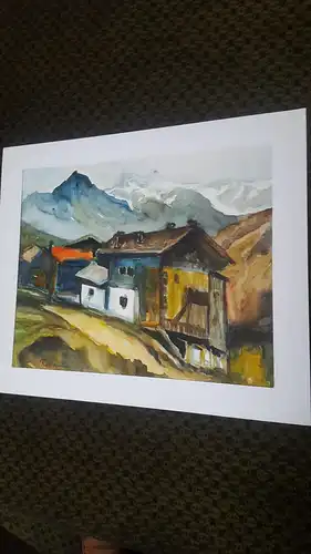 Rote Reiter Rudolf Hirschi 1917- 2001  Umfeld von Tiers  Südtirol idyllische  Dorfansicht mit Bergpanorama Aquarell links signiert um 1948 gemalt