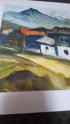 Rote Reiter Rudolf Hirschi 1917- 2001  Umfeld von Tiers  Südtirol idyllische  Dorfansicht mit Bergpanorama Aquarell links signiert um 1948 gemalt