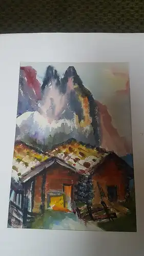 Rote Reiter Rudolf Hirschi 1917- 2001  Umfeld von Tiers  Südtirol Dolomiten idyllische  Dorfansicht mit Bergpanorama Aquarell links signiert um 1950 gemalt