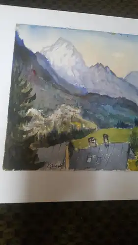 Rote Reiter Rudolf Hirschi 1917- 2001  Umfeld von Tiers  Südtirol Dolomiten idyllische  Dorfansicht mit Bergpanorama Aquarell links signiert um 1950 gemalt