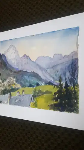 Rote Reiter Rudolf Hirschi 1917- 2001  Umfeld von Tiers  Südtirol Dolomiten idyllische  Dorfansicht mit Bergpanorama Aquarell links signiert um 1950 gemalt