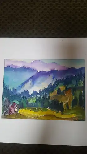 Rote Reiter Rudolf Hirschi 1917- 2001  Umfeld von Tiers  Südtirol Dolomiten idyllische  Dorfansicht mit Bergpanorama Aquarell links signiert um 1950 gemalt
