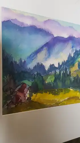 Rote Reiter Rudolf Hirschi 1917- 2001  Umfeld von Tiers  Südtirol Dolomiten idyllische  Dorfansicht mit Bergpanorama Aquarell links signiert um 1950 gemalt