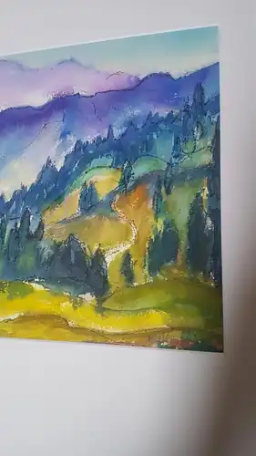 Rote Reiter Rudolf Hirschi 1917- 2001  Umfeld von Tiers  Südtirol Dolomiten idyllische  Dorfansicht mit Bergpanorama Aquarell links signiert um 1950 gemalt