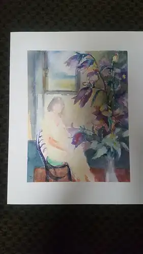 Rote Reiter Rudolf Hirschi 1917- 2001  Mädchen sitzend im Raum rechts Vase mit Oaterglocken farbenfrohes   Aquarell links signiert um 1950 gemalt