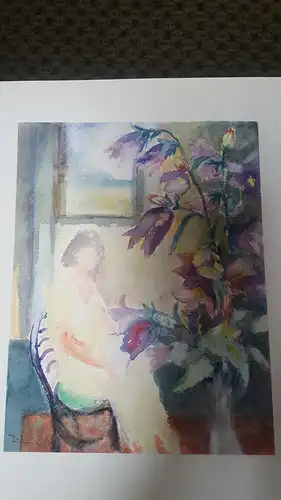 Rote Reiter Rudolf Hirschi 1917- 2001  Mädchen sitzend im Raum rechts Vase mit Oaterglocken farbenfrohes   Aquarell links signiert um 1950 gemalt