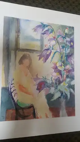 Rote Reiter Rudolf Hirschi 1917- 2001  Mädchen sitzend im Raum rechts Vase mit Oaterglocken farbenfrohes   Aquarell links signiert um 1950 gemalt