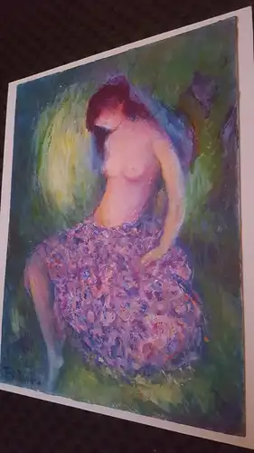 Rote Reiter Malergruppe Rudolf Hirschi 1917 Stuttgart – 2001 Mädchenakt mit fliederfarbenem Rock sitzend im Sonnenstrahlen Wirbel Acryl/Ölgemälde links signiert  