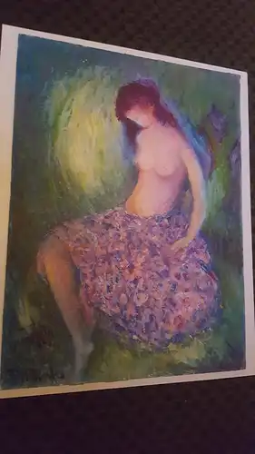 Rote Reiter Malergruppe Rudolf Hirschi 1917 Stuttgart – 2001 Mädchenakt mit fliederfarbenem Rock sitzend im Sonnenstrahlen Wirbel Acryl/Ölgemälde links signiert  
