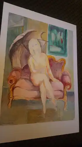 Rote Reiter Malergruppe Rudolf Hirschi 1917 Stuttgart – 2001 Mädchenakt mit Sonnenschirm auf einem Sofa links signiert  u datiert! 