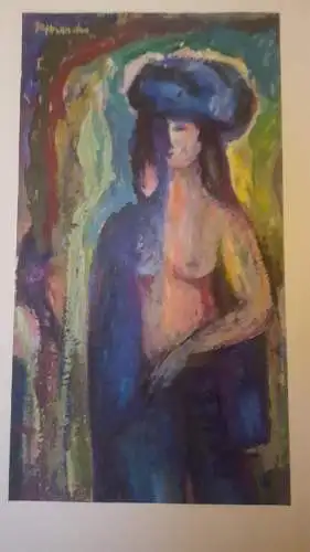 Rote Reiter Malergruppe Rudolf Hirschi 1917 Stuttgart – 2001 Mädchenakt mit stahlblauen Tuch stehend  im Sonnenstrahlen Wirbel Öl/Acryl Gemäldle links oben  signiert  