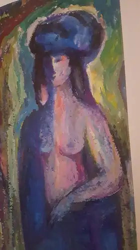 Rote Reiter Malergruppe Rudolf Hirschi 1917 Stuttgart – 2001 Mädchenakt mit stahlblauen Tuch stehend  im Sonnenstrahlen Wirbel Öl/Acryl Gemäldle links oben  signiert  