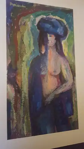 Rote Reiter Malergruppe Rudolf Hirschi 1917 Stuttgart – 2001 Mädchenakt mit stahlblauen Tuch stehend  im Sonnenstrahlen Wirbel Öl/Acryl Gemäldle links oben  signiert  