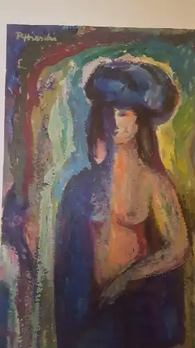 Rote Reiter Malergruppe Rudolf Hirschi 1917 Stuttgart – 2001 Mädchenakt mit stahlblauen Tuch stehend  im Sonnenstrahlen Wirbel Öl/Acryl Gemäldle links oben  signiert  