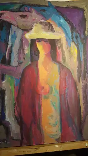 Rote Reiter Malergruppe Rudolf Hirschi 1917 Stuttgart – 2001 Mädchenakt mit gelbem Hut und  rosafarbenen  Tuch stehend dahinter zwei Schimmel aufsteigend in Violet bzw Himmelblau  Öl/Acryl Gemälde  links unten signiert  