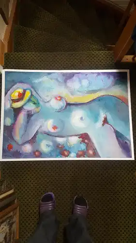 Rote Reiter Malergruppe Rudolf Hirschi 1917 Stuttgart – 2001 Mädchenakt liegend mit gelbem Hut  grosses Acryl Gemälde  links unten signiert u. 1984 datiert 