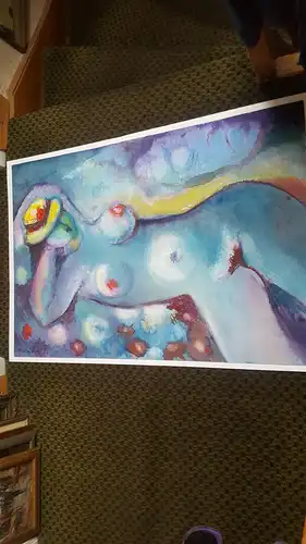 Rote Reiter Malergruppe Rudolf Hirschi 1917 Stuttgart – 2001 Mädchenakt liegend mit gelbem Hut  grosses Acryl Gemälde  links unten signiert u. 1984 datiert 