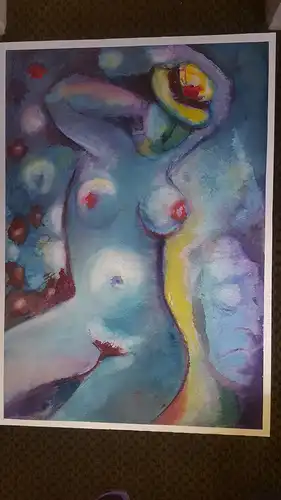 Rote Reiter Malergruppe Rudolf Hirschi 1917 Stuttgart – 2001 Mädchenakt liegend mit gelbem Hut  grosses Acryl Gemälde  links unten signiert u. 1984 datiert 