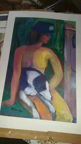 Rote Reiter Malergruppe Rudolf Hirschi 1917 Stuttgart – 2001 Mädchenakt mit Hund Schnupi auf einem Stuhl sitzend mit blauem Hut  grosses Acryl Gemälde  links unten signiert  