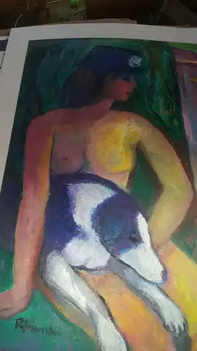 Rote Reiter Malergruppe Rudolf Hirschi 1917 Stuttgart – 2001 Mädchenakt mit Hund Schnupi auf einem Stuhl sitzend mit blauem Hut  grosses Acryl Gemälde  links unten signiert  