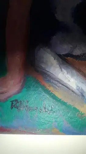 Rote Reiter Malergruppe Rudolf Hirschi 1917 Stuttgart – 2001 Mädchenakt mit Hund Schnupi auf einem Stuhl sitzend mit blauem Hut  grosses Acryl Gemälde  links unten signiert  