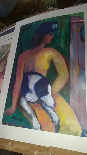 Rote Reiter Malergruppe Rudolf Hirschi 1917 Stuttgart – 2001 Mädchenakt mit Hund Schnupi auf einem Stuhl sitzend mit blauem Hut  grosses Acryl Gemälde  links unten signiert  