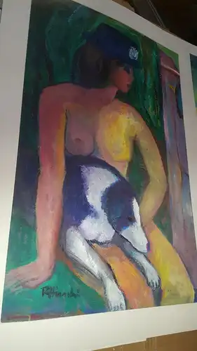 Rote Reiter Malergruppe Rudolf Hirschi 1917 Stuttgart – 2001 Mädchenakt mit Hund Schnupi auf einem Stuhl sitzend mit blauem Hut  grosses Acryl Gemälde  links unten signiert  