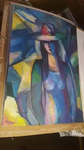 Rote Reiter Malergruppe Rudolf Hirschi 1917 Stuttgart – 2001 Mädchenakt stehend in Blau Violett  und Gelbtöne  grosses Acryl Mischtechnik Gemälde  links unten signiert  