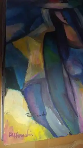 Rote Reiter Malergruppe Rudolf Hirschi 1917 Stuttgart – 2001 Mädchenakt stehend in Blau Violett  und Gelbtöne  grosses Acryl Mischtechnik Gemälde  links unten signiert  
